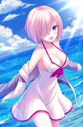 Rule 34 | 1girl, :d, bare shoulders, blue sky, breasts, cleavage, cloud, collarbone, commentary request, day, dress, dress swimsuit, fate/grand order, fate (series), hair over one eye, highres, horizon, jacket, large breasts, long sleeves, mash kyrielight, mash kyrielight (swimsuit of perpetual summer), ocean, off shoulder, official alternate costume, open clothes, open jacket, open mouth, outdoors, pink hair, purple eyes, sky, sleeves past wrists, smile, solo, sunlight, tomo (tmtm mf mf), water, white dress, white jacket