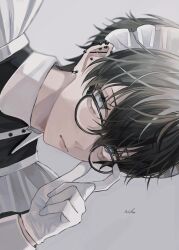 Rule 34 | 1boy, black hair, blue eyes, closed mouth, commentary, ear piercing, earrings, expressionless, glasses, gloves, grey background, hair between eyes, highres, jewelry, looking at viewer, maid, maid headdress, male focus, original, piercing, portrait, short hair, signature, simple background, solo, sosaku 25, symbol-only commentary, white gloves