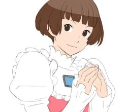 Rule 34 | 1girl, brown eyes, brown hair, closed mouth, fingers together, gundam, kei-co, looking at viewer, puffy sleeves, short hair, simple background, smile, sochie heim, solo, turn a gundam, white background