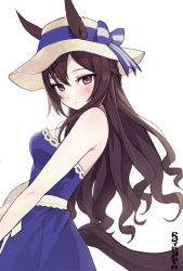 Rule 34 | 1girl, animal ears, artist logo, bad id, bad pixiv id, bare shoulders, blue dress, blush, breasts, brown hair, closed mouth, dress, ears through headwear, hat, highres, horse ears, horse girl, horse tail, long hair, looking at viewer, looking to the side, medium breasts, mejiro dober (umamusume), mejiro dober (vacation safir) (umamusume), rqtkrqtk, simple background, smile, solo, strapless, strapless dress, sun hat, tail, umamusume, white background