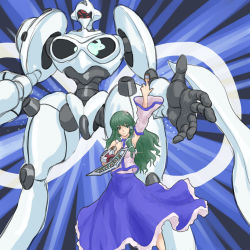 Rule 34 | 1girl, arm up, armpits, bare shoulders, card, crossover, detached sleeves, dress, duel disk, duel monster, emphasis lines, female focus, glint, green eyes, green hair, hair ornament, highres, japanese clothes, kochiya sanae, kuro suto sukii, machine emperor wisel infinity, matching hair/eyes, mecha, meklord emperor wisel, robot, solo, standing, touhou, yu-gi-oh!