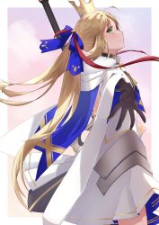 Rule 34 | 1girl, absurdres, ahoge, artoria caster (fate), artoria caster (third ascension) (fate), artoria pendragon (fate), black gloves, blonde hair, blue ribbon, border, cape, closed mouth, commentary request, crown, dress, fate/grand order, fate (series), from side, gloves, green eyes, hair ribbon, highres, long hair, looking at viewer, marmyadose (fate), mini crown, outside border, profile, ribbon, smile, solo, twintails, very long hair, weapon, white border, white dress, yu sakae