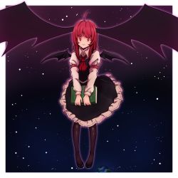 Rule 34 | 1girl, ahoge, bat wings, book, earth (planet), frown, full body, furrowed brow, holding, holding book, koakuma, large head wings, long hair, looking at viewer, necktie, outer glow, pantyhose, pigeon-toed, planet, red hair, solo, space, star (sky), tierra misu, touhou, wavy mouth, wings