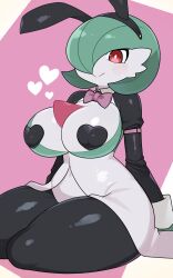Rule 34 | 1girl, absurdres, blush, bob cut, breasts, bright pupils, closed mouth, colored skin, creatures (company), female focus, game freak, gardevoir, gen 3 pokemon, green hair, green skin, hair over one eye, happy, heart, highres, huge breasts, morumomo, multicolored skin, nintendo, one eye covered, pink background, pokemon, pokemon (creature), red eyes, shiny skin, short hair, simple background, sitting, smile, solo, split mouth, sweat, thick thighs, thighs, two-tone skin, white pupils, white skin, wide hips, yokozuwari