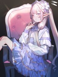 Rule 34 | 1girl, blue archive, chair, closed mouth, dress, flower, hair flower, hair ornament, halo, highres, himari (blue archive), long hair, long sleeves, looking at viewer, pointy ears, ponytail, sidelocks, signalviolet, sitting, smile, solo, white dress