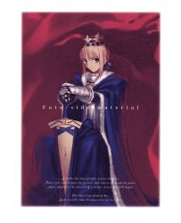 Rule 34 | 00s, absurdres, artoria pendragon (all), artoria pendragon (fate), blonde hair, cloak, crown, fate/stay night, fate (series), green eyes, hands on hilt, hat, highres, king, non-web source, saber (fate), sitting, solo, sword, takeuchi takashi, weapon