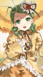 Rule 34 | 1girl, absurdres, ahoge, blush, bow, brown ribbon, coat, commentary request, cowboy shot, drill hair, flower, frilled sleeves, frills, green eyes, green hair, hair ornament, heart, heart hair ornament, highres, kanaria, kani samurai, lolita fashion, looking at viewer, medium hair, neck ribbon, open mouth, orange romper, orange umbrella, parasol, red flower, red rose, ribbon, rose, rozen maiden, sleeve bow, smile, solo, swept bangs, twin drills, umbrella, yellow bow, yellow coat