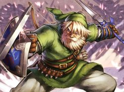 Rule 34 | 1boy, aged up, arrow (projectile), battle, beard, belt, blonde hair, blue eyes, bow (weapon), facial hair, hat, holding, holding sword, holding weapon, hylian shield, knife, link, male focus, manly, master sword, nintendo, old, pointy ears, quiver, revision, scar, shield, solo focus, sparks, sword, the legend of zelda, throwing knife, weapon, yapo (croquis side)