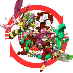 Rule 34 | 2girls, animal ear fluff, appmon, bow, breasts, brick, brick wall, claws, coordemon, digimon, effecmon, fangs, furry, hat, mask, monster, monster girl, multiple girls, paint, pencil, pink hair, smile, star-shaped pupils, star (symbol), symbol-shaped pupils, tail