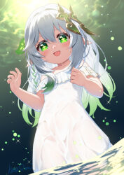 Rule 34 | 1girl, :d, artist name, asymmetrical hair, bare shoulders, blush, braid, bright pupils, clenched hand, cowboy shot, cross-shaped pupils, dress, eyelashes, flat chest, frills, from below, genshin impact, glowing, gradient background, green eyes, green hair, hair between eyes, hair ornament, hands up, highres, kana ami, leaf hair ornament, long hair, multicolored hair, nahida (genshin impact), off-shoulder dress, off shoulder, open mouth, partially submerged, pointy ears, sidelocks, single braid, smile, solo, sparkle, standing, symbol-shaped pupils, wading, water, wet, wet clothes, wet dress, white dress, white hair
