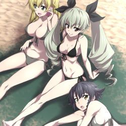 Rule 34 | 10s, 3girls, :, anchovy (girls und panzer), arm support, arms at sides, bare arms, bare legs, bare shoulders, barefoot, bikini, black bikini, black hair, black ribbon, blonde hair, blush, braid, breasts, breasts apart, brown eyes, carpaccio (girls und panzer), cellphone, cleavage, closed mouth, collarbone, drill hair, from above, front-tie bikini top, front-tie top, full body, girls und panzer, green eyes, green hair, grey bikini, groin, hair between eyes, hair ribbon, hand up, holding, holding phone, large breasts, long hair, looking at viewer, lying, medium breasts, midriff, multiple girls, nakahira guy, navel, on side, open mouth, outdoors, pepperoni (girls und panzer), phone, ribbon, short hair, side-tie bikini bottom, side braid, sideboob, sitting, smartphone, smile, strap gap, swimsuit, twin drills, yellow eyes