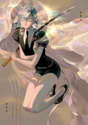 Rule 34 | 1other, absurdres, black footwear, closed mouth, commentary request, crystal hair, diamond (houseki no kuni), gem (symbol), closed eyes, highres, holding, holding sword, holding weapon, houseki no kuni, katana, multicolored hair, necktie, other focus, short sleeves, simple background, smile, solo, sword, taro-k, weapon, white legwear