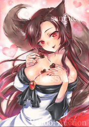 Rule 34 | 1girl, animal ears, artist name, at classics, bare shoulders, black hair, blush, breasts, candy, chocolate, chocolate heart, cleavage, closed mouth, collarbone, dress, fang, fang out, food, heart, holding, holding chocolate, holding food, imaizumi kagerou, large breasts, long hair, long sleeves, looking at viewer, nail polish, red eyes, sample watermark, sidelocks, smile, solo, tail, touhou, traditional media, upper body, watermark, wolf ears, wolf tail