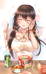 Rule 34 | !, !!, 1girl, ^ ^, absurdres, alternate costume, bag, black hair, blush, breasts, brown hair, can, casual, chopsticks, closed eyes, clothes writing, criss-cross halter, crown, cup ramen, drink can, dripping, earrings, egg (food), english text, eyebrows, eyelashes, food, food on face, foodgasm, hair between eyes, hair ornament, hair over shoulder, hairclip, halterneck, hand on own face, highres, holding, jewelry, large breasts, lens flare, light particles, long hair, low twintails, meat, noodles, off-shoulder shirt, off shoulder, queen elizabeth (warship girls r), scrunchie, shirt, short sleeves, smile, soda can, solo, splatter, sunny side up egg, twintails, upper body, vegetable, warship girls r, wrist scrunchie, zhou yu (ppaaqz1995)