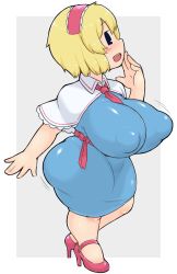 Rule 34 | alice margatroid, blonde hair, blush, breasts, clothes, cookie (touhou), female focus, gamukami, headband, heels, highres, huge breasts, ichigo (cookie), looking at viewer, medium hair, open mouth, plump, shortstack, simple background, smile, solo, touhou, white background