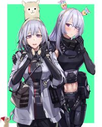 Rule 34 | 2girls, absurdres, ak-15 (girls&#039; frontline), armpit peek, bag, blush, braid, breasts, buckle, cowboy shot, eyes visible through hair, french braid, girls&#039; frontline, green background, hair over one eye, hand on another&#039;s shoulder, hands up, hat, headgear, height difference, highres, jacket, large breasts, llama, long hair, looking at another, looking to the side, mask, midriff, mmm (ji1945), mouth mask, multiple girls, navel, open mouth, parted bangs, pouch, purple eyes, rpk-16 (girls&#039; frontline), santa hat, satchel, sidelocks, silver hair, smile, strap, tactical clothes, teeth, thigh gap, two-tone background, upper teeth only, white background