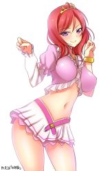 Rule 34 | 10s, 1girl, aged up, alternate breast size, bangle, blush, bracelet, breasts, covered erect nipples, dated, highres, jewelry, large breasts, looking at viewer, love live!, love live! school idol festival, love live! school idol project, midriff, navel, nishikino maki, purple eyes, red hair, short hair, simple background, smile, yu-ta