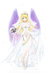 Rule 34 | 1girl, blonde hair, bouquet, breasts, breath of fire, breath of fire ii, bridal veil, cleavage, closed mouth, dress, elbow gloves, feathered wings, flower, full body, gloves, green eyes, high heels, holding, holding bouquet, kurotada, long hair, looking at viewer, medium breasts, navel, nina (breath of fire ii), purple wings, simple background, smile, solo, strapless, strapless dress, veil, wedding dress, white background, white dress, white gloves, wings