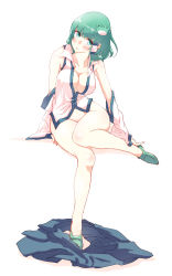 Rule 34 | 1girl, adjusting footwear, bad id, bad pixiv id, bare shoulders, blush, bottomless, breasts, cleavage, collarbone, covered erect nipples, detached sleeves, frog hair ornament, full body, green eyes, green footwear, green hair, groin, hair ornament, hair tubes, head tilt, highres, invisible chair, kochiya sanae, looking at viewer, medium breasts, no panties, non (z-art), nontraditional miko, partially unbuttoned, shirt, shoes, short hair, simple background, sitting, skirt, unworn skirt, solo, touhou, white background, wide hips, wide sleeves