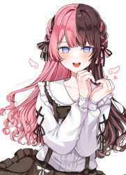 Rule 34 | 1girl, black skirt, blue eyes, blush, bow, braid, brown hair, earrings, food-themed earrings, food themed earrings, frilled shirt, frills, hair bow, hair ornament, highres, jewelry, long hair, looking at viewer, multicolored hair, norisukexxy, open mouth, pink hair, shirt, simple background, skirt, smile, solo, split-color hair, strawberry earrings, tachibana hinano (vtuber), two-tone hair, virtual youtuber, vspo!, white background, white shirt