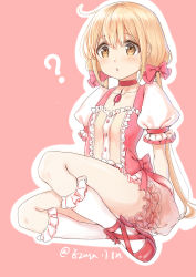 Rule 34 | 1girl, :o, ?, absurdres, artist name, blonde hair, bloomers, blush, bow, breasts, brown eyes, choker, collarbone, cosplay, dated, ezusa, futaba anzu, gem, gloves, hair bow, highres, idolmaster, idolmaster cinderella girls, kaname madoka, kaname madoka (cosplay), kneehighs, long hair, magical girl, mahou shoujo madoka magica, open mouth, outline, pink background, puffy sleeves, shiny thighs, short twintails, simple background, sitting, small breasts, socks, solo, twintails, underwear, very long hair, white outline