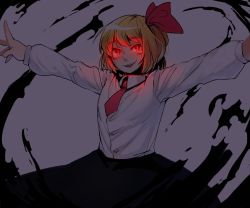 Rule 34 | 1boy, absurdres, anchors (mono eye os), blonde hair, blush, dark, genderswap, genderswap (ftm), hair ribbon, highres, male focus, necktie, open mouth, outstretched arms, red eyes, ribbon, rumia, solo, touhou