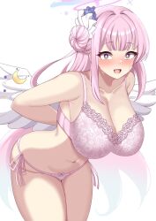 Rule 34 | 1girl, @ @, angel wings, aqua hair, bare shoulders, bent over, blue archive, blush, bow, bow panties, bra, breasts, cleavage, collarbone, commentary, crescent, feathered wings, floral print, flower, frilled ribbon, frills, gradient eyes, gradient hair, groin, hair bun, hair flower, hair intakes, hair ornament, hair ribbon, halo, highres, huge breasts, large breasts, long hair, looking at viewer, mika (blue archive), multicolored eyes, multicolored hair, nanao (naoekaki25), navel, open mouth, panties, pink bow, pink bra, pink eyes, pink hair, pink halo, pink panties, print bra, print panties, purple flower, raised eyebrows, ribbon, side-tie panties, simple background, single side bun, smile, solo, stomach, surprised, sweat, thighs, two-tone eyes, two-tone hair, underwear, white background, white ribbon, white wings, wings, yellow eyes