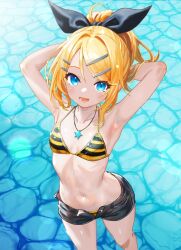 Rule 34 | 1girl, armpits, arms behind head, arms up, bikini, bikini under shorts, black bow, black shorts, black stripes, blonde hair, blue eyes, bow, breasts, caustics, collarbone, commentary, foreshortening, from above, hair bow, hair ornament, hairclip, high ponytail, jewelry, kagamine rin, lens flare, looking at viewer, midriff, narrow waist, navel, necklace, open mouth, pale skin, ribs, shorts, skinny, small breasts, smile, soaking feet, solo, star (symbol), star necklace, striped bikini, striped clothes, swimsuit, two-tone bikini, updo, vocaloid, yellow bikini, yellow stripes, yukihane (snowowl515)