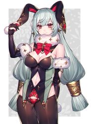 Rule 34 | 1girl, animal ears, arm behind back, black gloves, black pantyhose, blue hair, bow, breasts, cleavage, closed mouth, clothing cutout, diamond cutout, elbow gloves, fingernails, fur-trimmed gloves, fur collar, fur trim, gloves, highres, katagiri hachigou, large breasts, light blue hair, long hair, nail polish, navel, navel cutout, original, pantyhose, partially fingerless gloves, rabbit ears, rabbit tail, red bow, red eyes, red nails, smile, solo, tail, very long hair