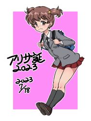 Rule 34 | 1girl, 2023, alisa (girls und panzer), backpack, bag, birthday, black footwear, black necktie, black socks, blazer, brown eyes, brown hair, character name, closed mouth, commentary, dated, dress shirt, freckles, frown, full body, girls und panzer, grey jacket, hair ornament, jacket, leaning forward, loafers, long sleeves, looking at viewer, miniskirt, necktie, outline, outside border, pleated skirt, purple background, red skirt, saunders school uniform, school uniform, shirt, shoes, short hair, short twintails, skirt, socks, solo, standing, star (symbol), star hair ornament, takahashi kurage, twintails, white outline, white shirt, wing collar
