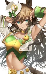 Rule 34 | 1girl, absurdres, animal ears, arm belt, armpits, arms up, bandeau, blouse, breasts, brown hair, choker, collarbone, cropped jacket, green eyes, green shirt, hair ornament, hairclip, hat, highres, horse ears, horse girl, horse tail, long hair, looking at viewer, midriff, mini hat, mini top hat, mr. c.b. (umamusume), navel, nobell (bell no5), shirt, single sleeve, small breasts, smile, solo, tail, teeth, top hat, umamusume, upper body, white hat, wrist cuffs