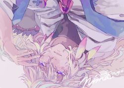 Rule 34 | 1boy, androgynous, bishounen, black shirt, cloak, facing up, fate/grand order, fate (series), long hair, looking up, lying, masuo1992, merlin (fate), messy hair, on back, purple eyes, shirt, white background, white cloak, white hair