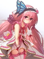 Rule 34 | 1girl, between legs, blush, butterfly hair ornament, collarbone, covering privates, covering crotch, flower, flower knight girl, gloves, hair flower, hair ornament, hanamomo (flower knight girl), hand between legs, headband, highres, long hair, looking at viewer, low twintails, mizunashi (second run), pink eyes, pink hair, pointing, pointing at viewer, pout, sleeveless, solo, thighhighs, twintails, white gloves, white thighhighs