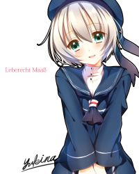 Rule 34 | 10s, 1girl, :d, artist name, bad id, bad pixiv id, blue dress, blush, character name, dress, green eyes, hat, head tilt, highres, kantai collection, looking at viewer, neckerchief, open mouth, saijou yukina, sailor collar, sailor dress, sailor hat, short hair, signature, silver hair, smile, solo, v arms, white background, z1 leberecht maass (kancolle)
