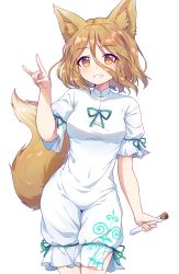 Rule 34 | 1girl, absurdres, animal ears, blonde hair, eyes visible through hair, fox ears, fox shadow puppet, fox tail, green ribbon, hair between eyes, hand up, highres, jumpsuit, kaoling, kudamaki tsukasa, looking at viewer, ribbon, short hair, short sleeves, simple background, sleeveless, smile, solo, tail, teeth, touhou, unconnected marketeers, white background, white jumpsuit, white sleeves, yellow eyes