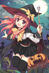 Rule 34 | 1girl, :d, black thighhighs, cape, cloud, dress, grave, halloween, hat, jack-o&#039;-lantern, long hair, lowres, moon, night, night witch, nytitch, open mouth, pink hair, pumpkin, red eyes, red hair, shuen, sky, smile, solo, sword girls, thighhighs, witch, witch hat, zettai ryouiki
