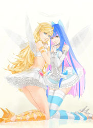Rule 34 | 10s, 2girls, armband, blonde hair, blue eyes, bow, bracelet, choker, corset, dress, earrings, hair bow, heart, high heels, holding hands, interlocked fingers, jewelry, long hair, multicolored hair, multiple girls, panty &amp; stocking with garterbelt, panty (psg), shoes, siblings, sisters, skirt, smile, stocking (psg), striped clothes, striped legwear, striped thighhighs, thighhighs, two-tone hair, umitamago, very long hair, wings