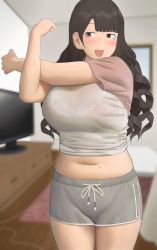 Rule 34 | 1girl, :d, black hair, blunt bangs, blurry, blurry background, blush, breasts, grey shorts, highres, indoors, large breasts, long hair, looking at viewer, midriff, mole, mole on stomach, navel, open mouth, original, plump, ryokucha michi, see-through, short sleeves, shorts, smile, solo, standing, stretching, television, underwear, wet, wet clothes