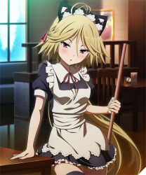 Rule 34 | 1girl, animal ears, apron, arm support, artist request, black thighhighs, blonde hair, blush, cat ears, fake animal ears, hair between eyes, hair ribbon, indoors, long hair, looking at viewer, maid, maid apron, maid headdress, official art, parted lips, ponytail, purple eyes, ribbon, solo, source request, standing, thighhighs, trinity seven, very long hair, yamana mira