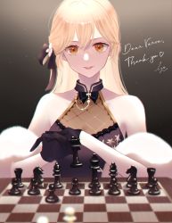 Rule 34 | 1girl, bare shoulders, black dress, black gloves, black ribbon, blonde hair, board game, breasts, chess, chess piece, chessboard, closed mouth, commentary request, commission, dress, fur, fur-trimmed sleeves, fur trim, girls&#039; frontline, gloves, hair ribbon, highres, holding chess piece, lips, long hair, looking at viewer, official alternate costume, orange eyes, ots-14 (girls&#039; frontline), ots-14 (sangria succulent) (girls&#039; frontline), ribbon, simple background, sitting, skeb commission, smile, solo, sui (camellia), upper body