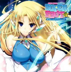 Rule 34 | 1girl, album cover, bare shoulders, blonde hair, blue eyes, blush, breasts, bridal gauntlets, cover, detached sleeves, earphones, gem, glowing, halterneck, headset, highres, iizuki tasuku, impossible clothes, impossible leotard, leotard, light smile, logo, long hair, looking at viewer, scan, simple background, smile, star (symbol), symbol-shaped pupils, takasawa laura, taut clothes, turtleneck, upper body, very long hair, wide sleeves