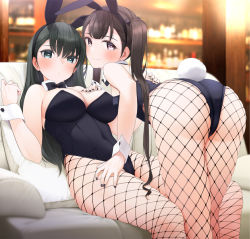 Rule 34 | 2girls, animal ears, ass, bare shoulders, bent over, black bow, black bowtie, black leotard, black nails, blurry, blurry background, blush, bow, bowtie, breasts, brown eyes, brown hair, closed mouth, commentary request, couch, detached collar, fake animal ears, fed (giba), fishnet pantyhose, fishnets, from behind, green eyes, green hair, green nails, hand on another&#039;s back, hand on another&#039;s leg, indoors, large breasts, leotard, long hair, looking at viewer, looking back, multiple girls, nail polish, on couch, original, pantyhose, pillow, playboy bunny, rabbit ears, rabbit tail, sitting, small breasts, smile, standing, tail, twintails, wrist cuffs