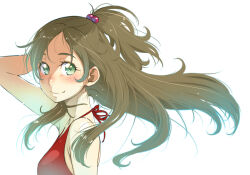 Rule 34 | 1girl, backlighting, bare arms, blush, brown hair, closed mouth, floating hair, green eyes, hair bobbles, hair ornament, hand in own hair, long hair, looking at viewer, minamino kanade, parted bangs, ponytail, precure, red ribbon, ribbon, sakura kotetsu, simple background, smile, solo, suite precure, upper body, very long hair, white background