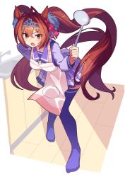 Rule 34 | 1girl, animal ears, apron, bent over, brown hair, commentary request, daiwa scarlet (umamusume), fang, hair intakes, highres, horse ears, horse girl, horse tail, kitchen, kuroto mato, long hair, looking at viewer, open mouth, red eyes, school uniform, solo, tail, thighhighs, tiara, tracen school uniform, umamusume