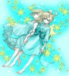 Rule 34 | 1boy, 1girl, bad id, bad pixiv id, barefoot, blonde hair, brother and sister, dress, kagamine len, kagamine rin, lalamix, short hair, siblings, star (symbol), twins, vocaloid