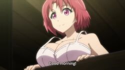 Rule 34 | 1girl, animated, anime screencap, bare shoulders, bouncing breasts, bra, breast rest, breasts, cleavage, cow girl (goblin slayer!), goblin slayer!, highres, large breasts, leaning forward, purple eyes, red hair, short hair, smile, sound, strap gap, subtitled, tagme, underwear, video, white bra, window