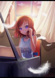 Rule 34 | 10s, 1girl, absurdres, blue dress, blue ribbon, curtains, dress, feathers, hand in own hair, highres, instrument, lens flare, letterboxed, looking at viewer, love live!, love live! school idol festival, love live! school idol project, nishikino maki, piano, purple eyes, red hair, ribbon, shano dongxi, smile, solo, white feathers, window