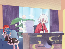 Rule 34 | 2girls, alternate costume, black dress, black necktie, blue eyes, blue hair, book, capelet, commentary, contemporary, couch, curtains, day, doremy sweet, dress, hat, kishin sagume, ko kita, long sleeves, morning, multiple girls, necktie, nightcap, office, open book, paper stack, plant, pom pom (clothes), potted plant, reading, red eyes, red shirt, shirt, short hair, sitting, touhou, white hair, window, writing