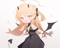 Rule 34 | 1girl, black dress, black horns, black tail, black wings, blonde hair, blue archive, blush, demon girl, demon horns, demon tail, demon wings, doribae, dress, halo, highres, horns, ibuki (blue archive), ibuki (dress) (blue archive), long hair, looking at viewer, official alternate costume, open mouth, pointy ears, simple background, smile, solo, tail, white background, wings, yellow eyes, yellow halo