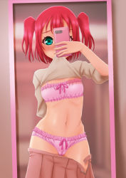 Rule 34 | 1girl, arm behind back, blush, bow, bow bra, bow panties, bra, breasts, cameltoe, cellphone, clothes lift, clothes pull, collarbone, cowboy shot, embarrassed, enotato, female focus, holding, holding phone, kurosawa ruby, lifted by self, love live!, love live! sunshine!!, mirror, navel, panties, phone, pleated skirt, red hair, reflection, selfie, shirt, shirt lift, skirt, skirt pull, small breasts, smartphone, solo, two side up, underwear